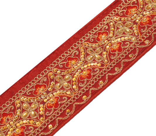 Sushila Vintage Red Saree Border Craft Sewing Trim Stone Beaded Lace Ribbon