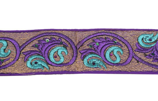 Sushila Vintage Embroidered Saree Border Craft Sewing Trim Purple Gold Lace