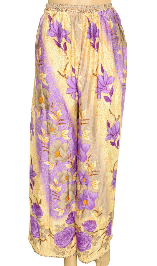 Sushila Vintage Palazzo Pants Handmade Upcycled Art Silk Sari Yellow Purple