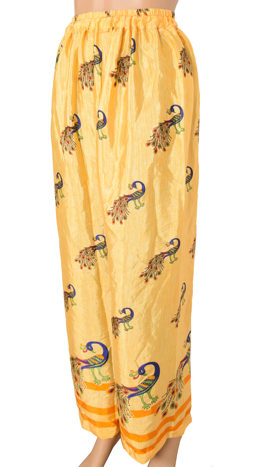 Sushila Vintage Palazzo Pants Handmade Upcycled Art Silk Sari Yellow Printed