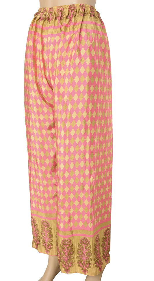 Sushila Vintage Palazzo Pants Handmade Upcycled Art Silk Sari Beige & Pink
