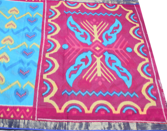 Sushila Vintage Turquoise Saree Pure Cotton Printed Geometrical Craft Fabric