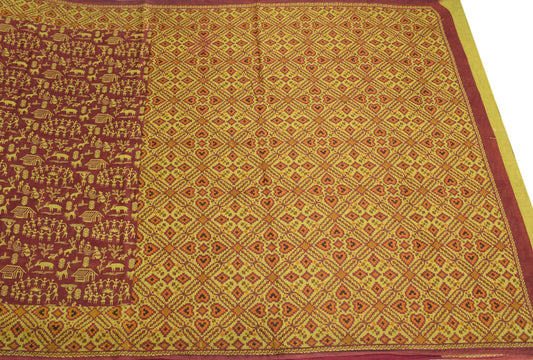 Sushila Vintage Maroon Saree Pure Cotton Printed Warli Folk Art Sari Craft Fabric