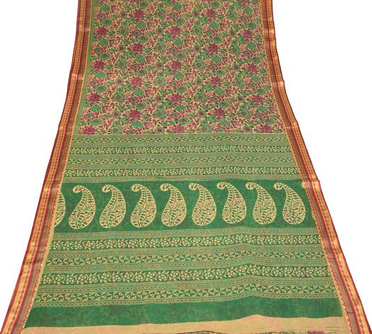 Sushila Vintage Beige Floral Saree Pure Cotton Printed Woven Soft Craft Fabric