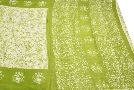Sushila Vintage Batik Printed Saree Pure Cotton Soft Green Sari 6YD Craft Fabric