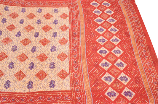 Sushila Vintage Beige Saree Pure Cotton Printed Bandhani Soft Sari Craft Fabric