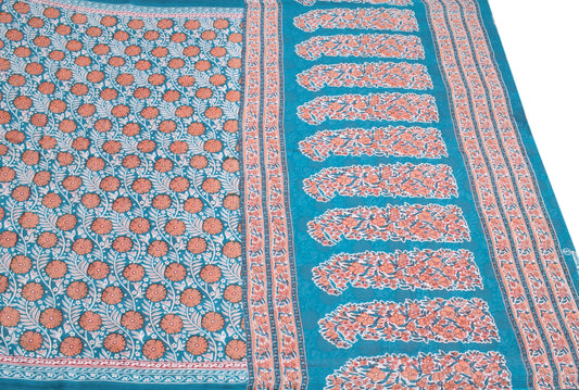 Sushila Vintage Floral Blue Saree Pure Cotton Printed 5YD Sari Craft Fabric