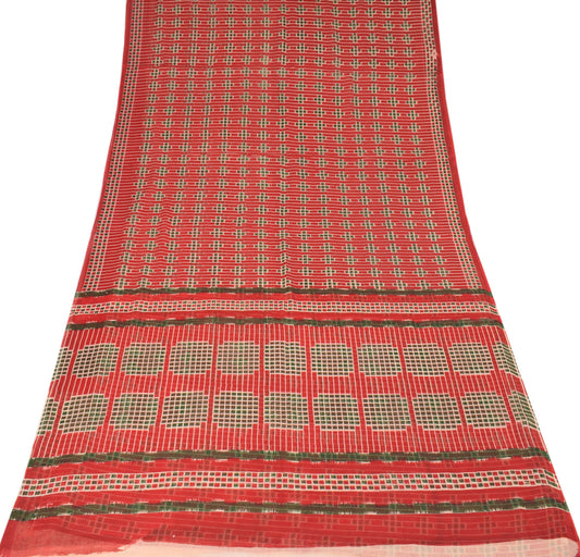 Sushila Vintage Red Checks Saree Pure Cotton Printed Soft Sari Craft Fabric