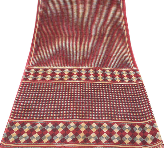 Sushila Vintage Checks Maroon Saree Pure Cotton Printed Soft 5YD Craft Fabric