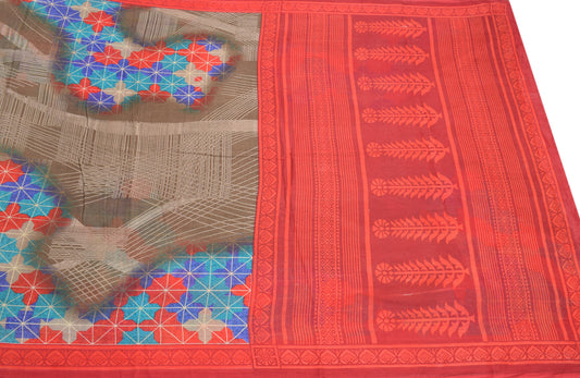 Sushila Vintage Brown Saree Pure Cotton Printed Geometrical Sari Craft Fabric
