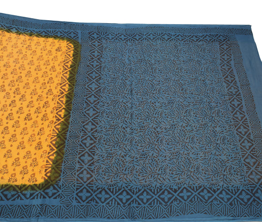 Sushila Vintage Yellow Saree Teal Blue Border Pallu Pure Cotton Printed Floral Sari Fabric
