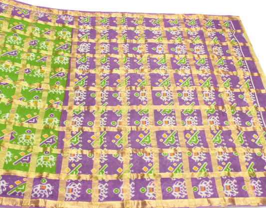 Sushila Vintage Green Saree Pure Cotton Ikat Print Checks Woven Sari Craft Fabric