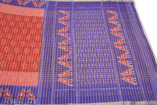 Sushila Vintage Red Blue Saree Pure Cotton Printed Ikat Birds Sari Craft Fabric
