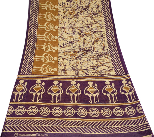 Sushila Vintage Beige Wine Saree Pure Cotton Printed Batik Soft Sari Craft Fabric