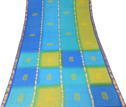 Sushila Vintage Blue Green Saree Pure Cotton Printed Geometrical Sari Soft Craft Fabric