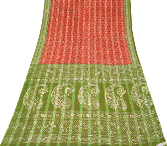 Sushila Vintage Rust Green Saree Pure Cotton Printed Paisley Soft Craft Fabric