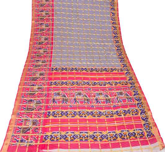 Sushila Vintage Ikat-Style Saree Pure Cotton Printed White Soft Sari Craft Fabric