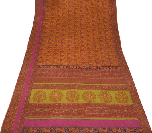 Sushila Vintage Orange Saree Pure Cotton Printed Floral Sari Soft Craft Fabric