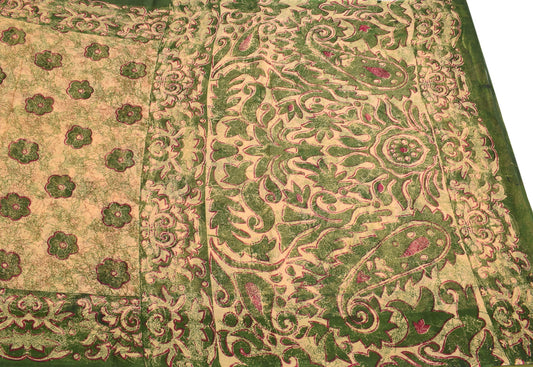 Sushila Vintage Beige Green Saree Pure Cotton Printed Floral Sari Craft Fabric