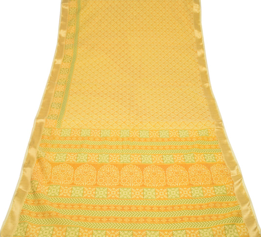Sushila Vintage Mustard Saree Pure Cotton Silk Printed Floral Sari 6YD Craft Fabric
