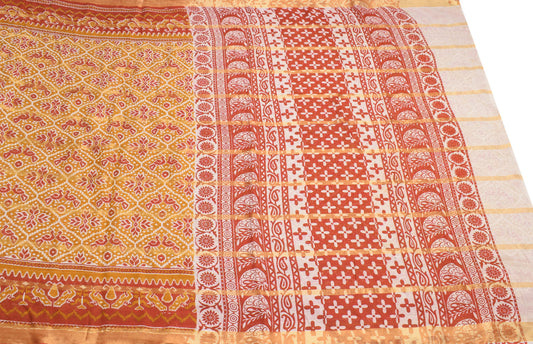 Sushila Vintage Printed Floral Saree Pure Cotton Mustard Sari Soft Craft Fabric