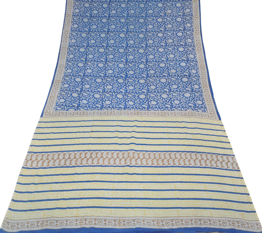 Sushila Vintage Hand Block Saree Pure Cotton Printed Blue Sari Craft Fabric