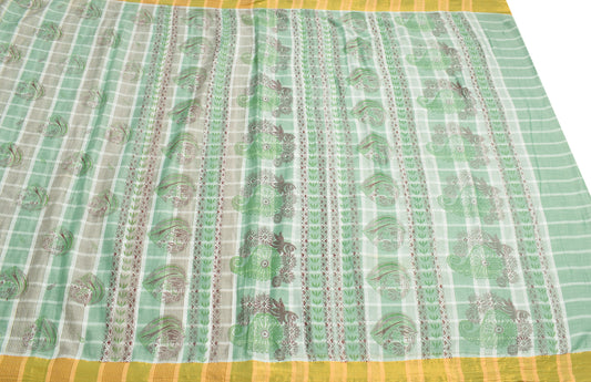 Sushila Vintage Green Saree Art Cotton Printed Paisley Sari 6YD Craft Fabric
