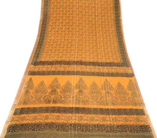Sushila Vintage Pure Cotton Saree Floral Printed Yellow Sari Craft Fabric