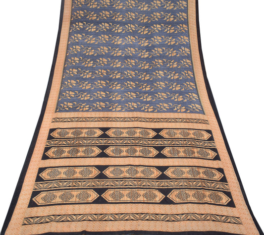 Sushila Vintage Grayish Blue Saree Pure Cotton Printed Floral Sari Craft Fabric