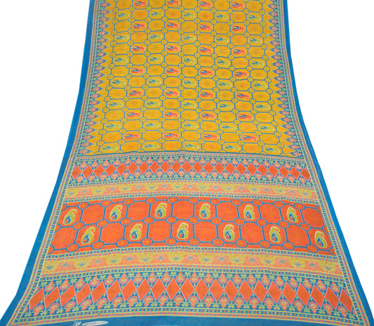 Sushila Vintage Yellow Saree Pure Cotton Printed Geometrical Sari Craft Fabric