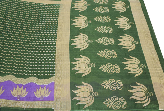 Sushila Vintage Laheriya Saree Pure Cotton Printed Green Sari Soft Craft Fabric