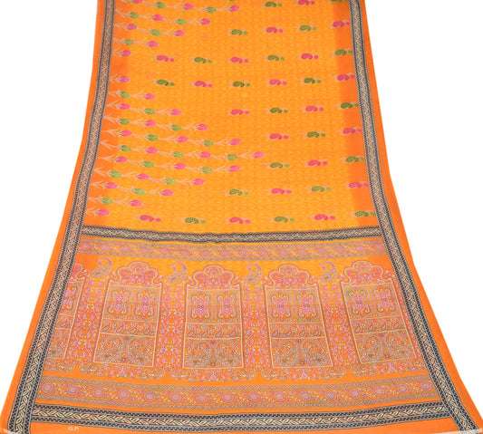 Sushila Vintage Mustard Saree Pure Cotton Printed Paisley Sari Craft Fabric