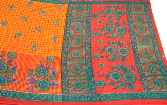 Sushila Vintage Yellow Red Saree Pure Cotton Printed Sari Floral Craft Fabric