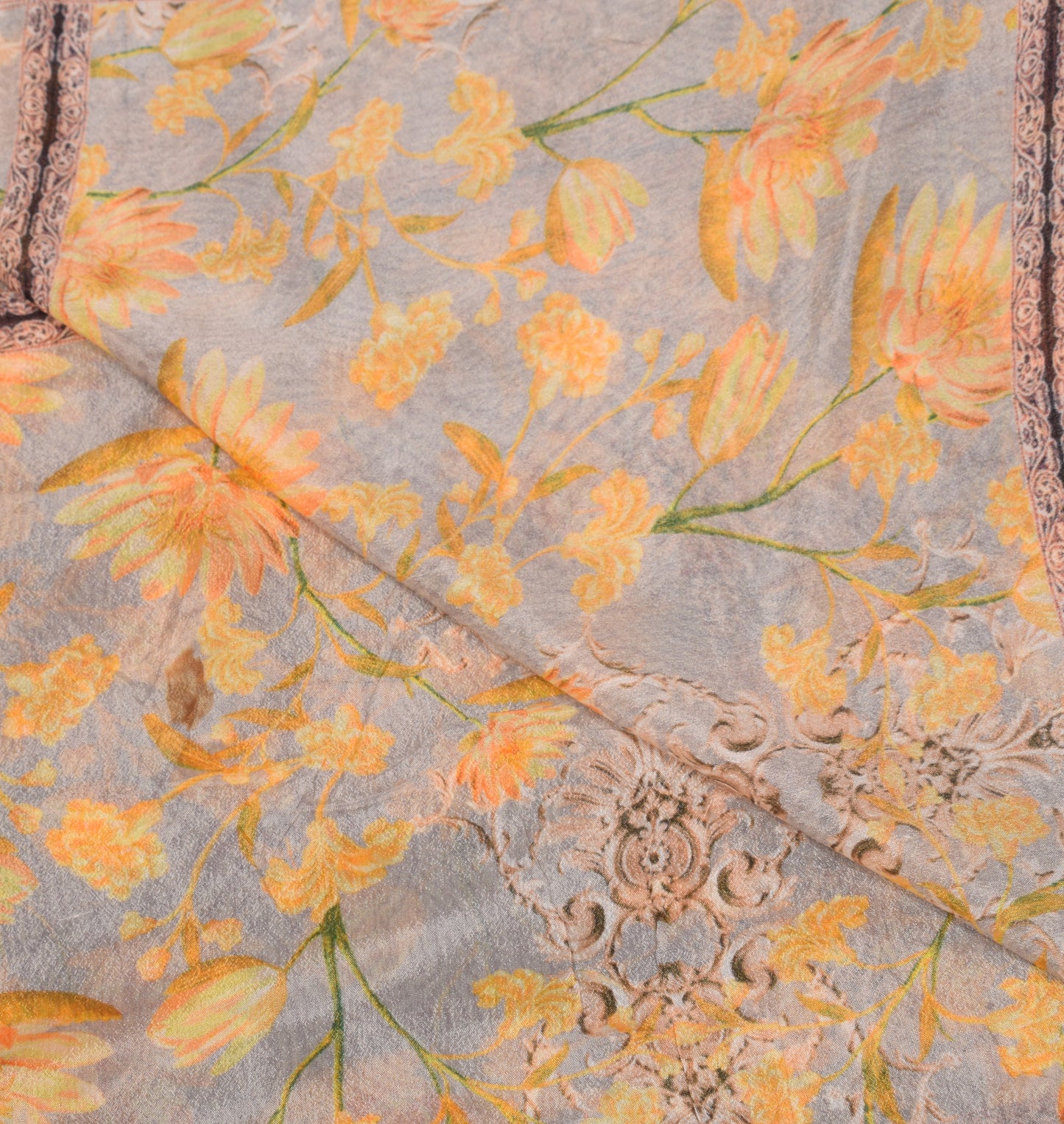 Sushila Vintage Floral Printed Dupatta Gray Yellow Pure Chiffon Long Stole
