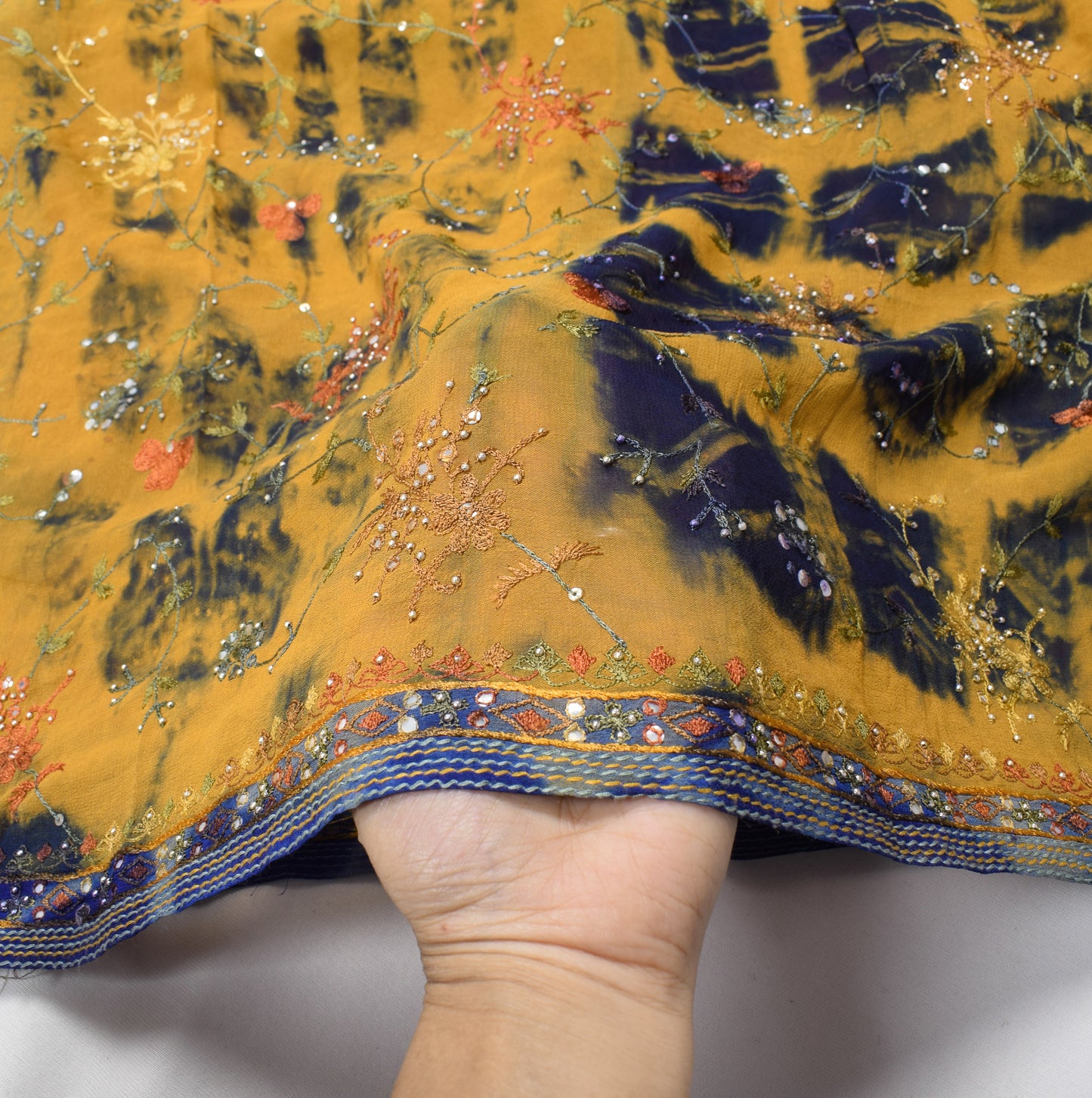 Sushila Vintage Mustard Dupatta Pure Georgette Tie-dye & Mirror Work Long Stole