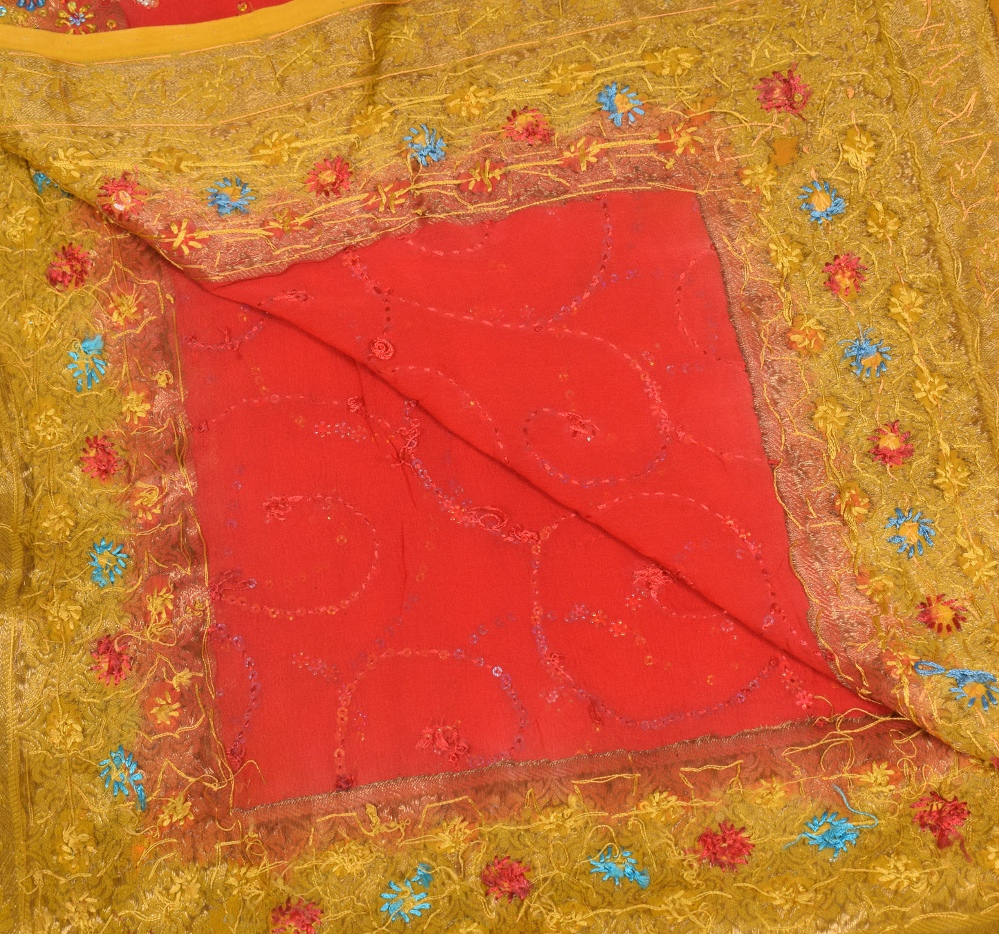 Sushila Vintage Red Yellow Dupatta Pure Georgette Sequins Embellish Long Stole