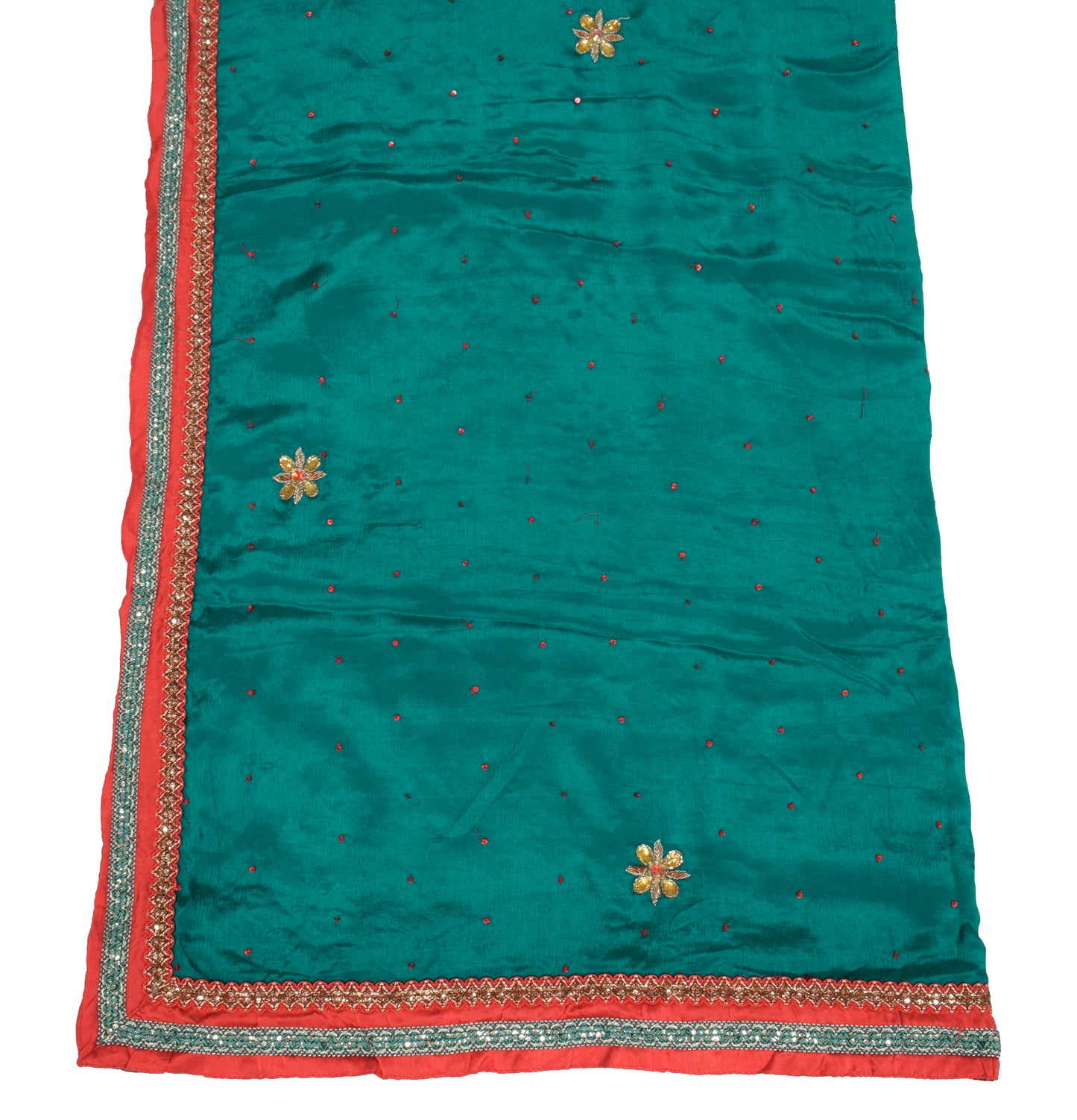 Sushila Vintage Teal Green Dupatta Pure Chiffon Hand Beaded Floral Long Stole