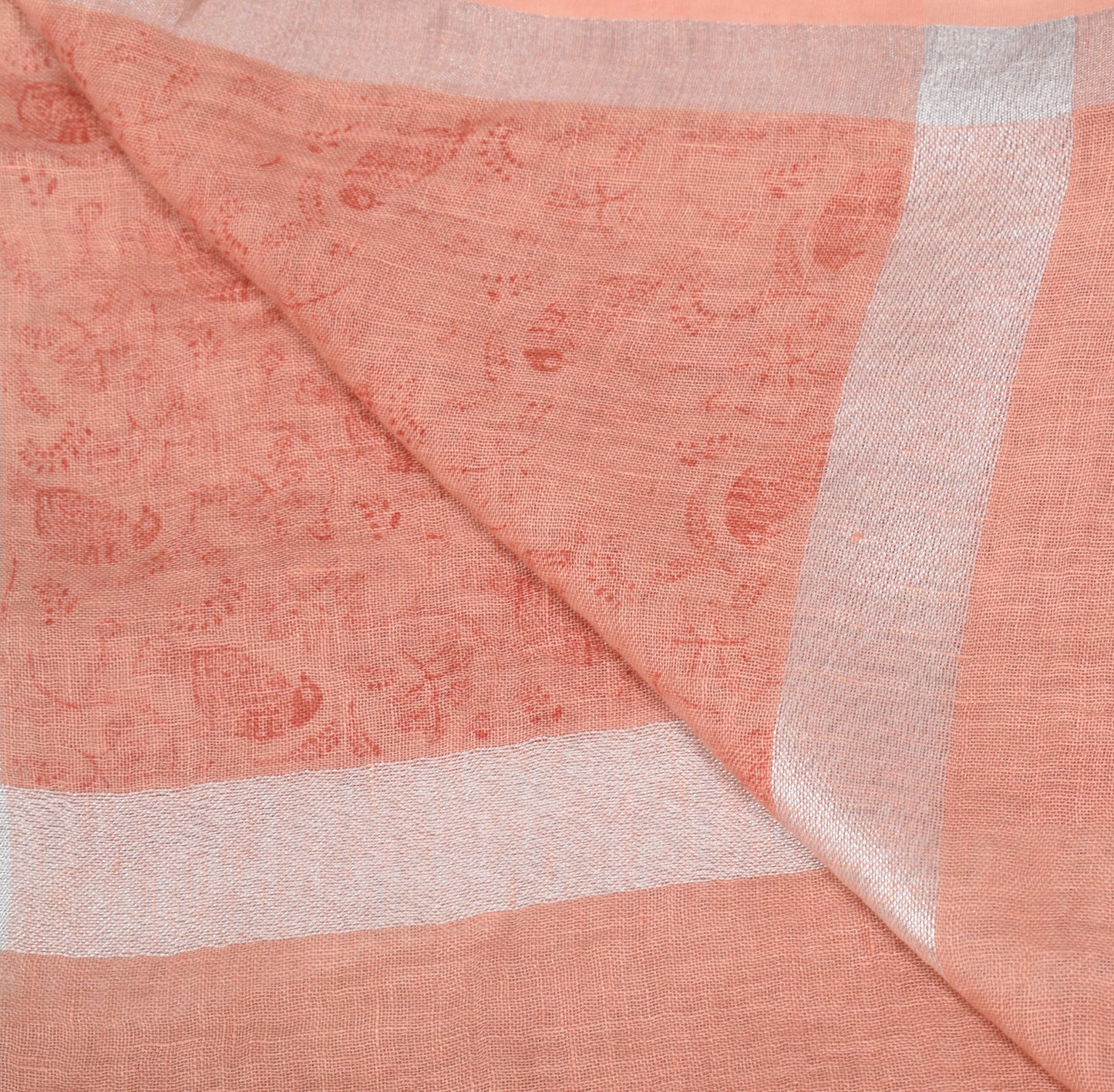 Sushila Vintage Peach Dupatta Pure Cotton Hand Printed Birds Long Stole