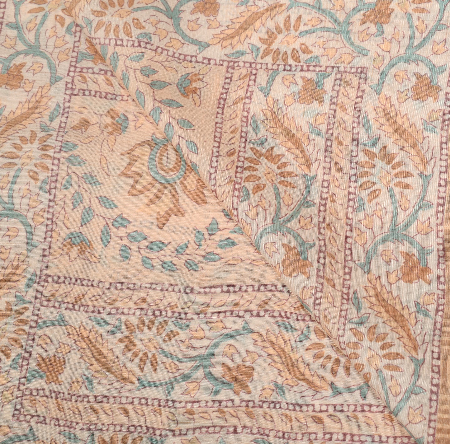 Sushila Vintage Beige Hand Block Printed Dupatta Art Cotton Silk Long Stole (Copy)