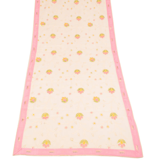 Sushila Vintage Floral Embroidered Dupatta Cream Pure Cotton Long Stole