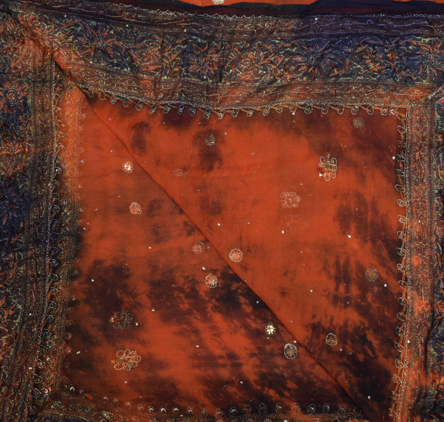 Sushila Vintage Rust Tie-Dye Dupatta Pure Chiffon Floral Hand Beaded Long Stole