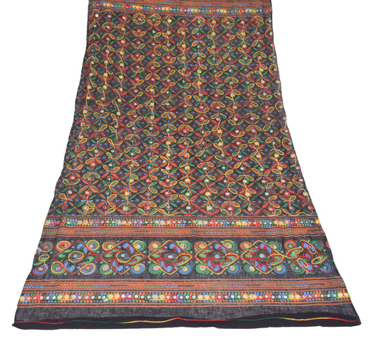 Sushila Vintage Banjara Long Stole Embroidered Kutchwork Pure Cotton Black Dupatta