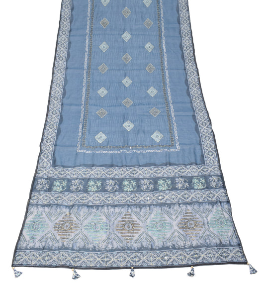 Sushila Vintage Greyish Blue Dupatta Art Cotton Silk Kantha Work Long Stole