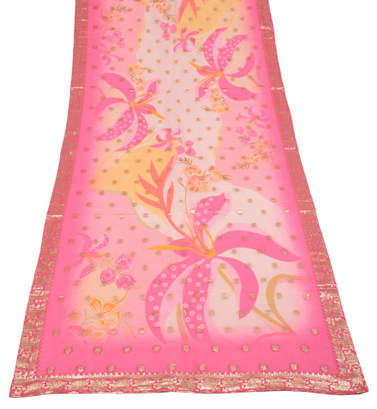 Sushila Vintage Pink Floral Printed Dupatta Pure Silk Zari Woven Long Stole