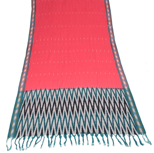 Sushila Vintage Red Green Dupatta Pure Cotton Hand Woven Ikat Long Stole