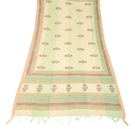 Sushila Vintage Beige Hand Block Dupatta Pure Cotton Silk Long Stole Wrap