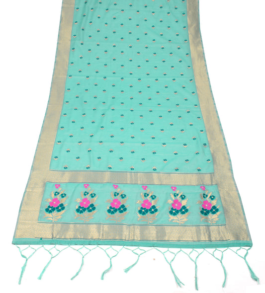 Sushila Vintage Aqua Banarasi Dupatta Art Cotton Silk Woven Floral Long Stole