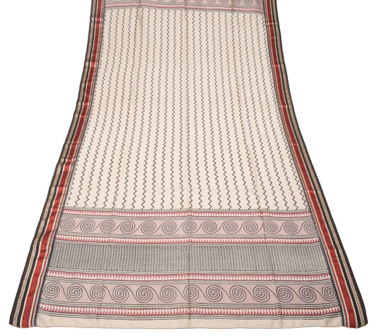 Sushila Vintage Pure Cotton Silk Dupatta Hand Block Cream Long Stole Wrap