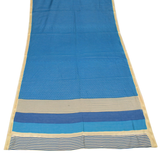 Sushila Vintage Blue Beige Dupatta Pure Cotton Silk Hand Block Long Stole Veil