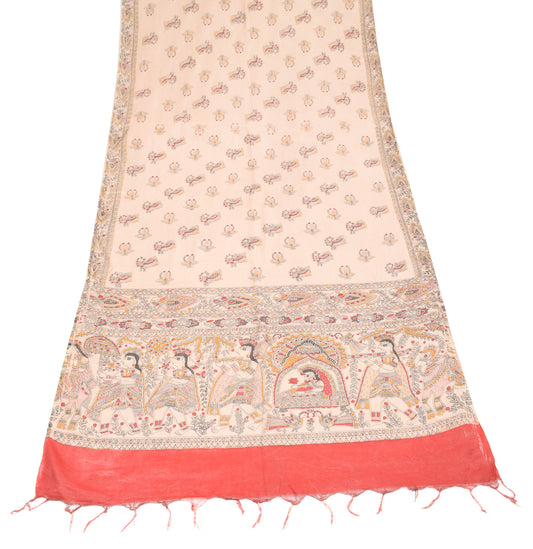 Sushila Vintage Madhubani Printed Dupatta Art Cotton Silk Beige Long Stole Wrap